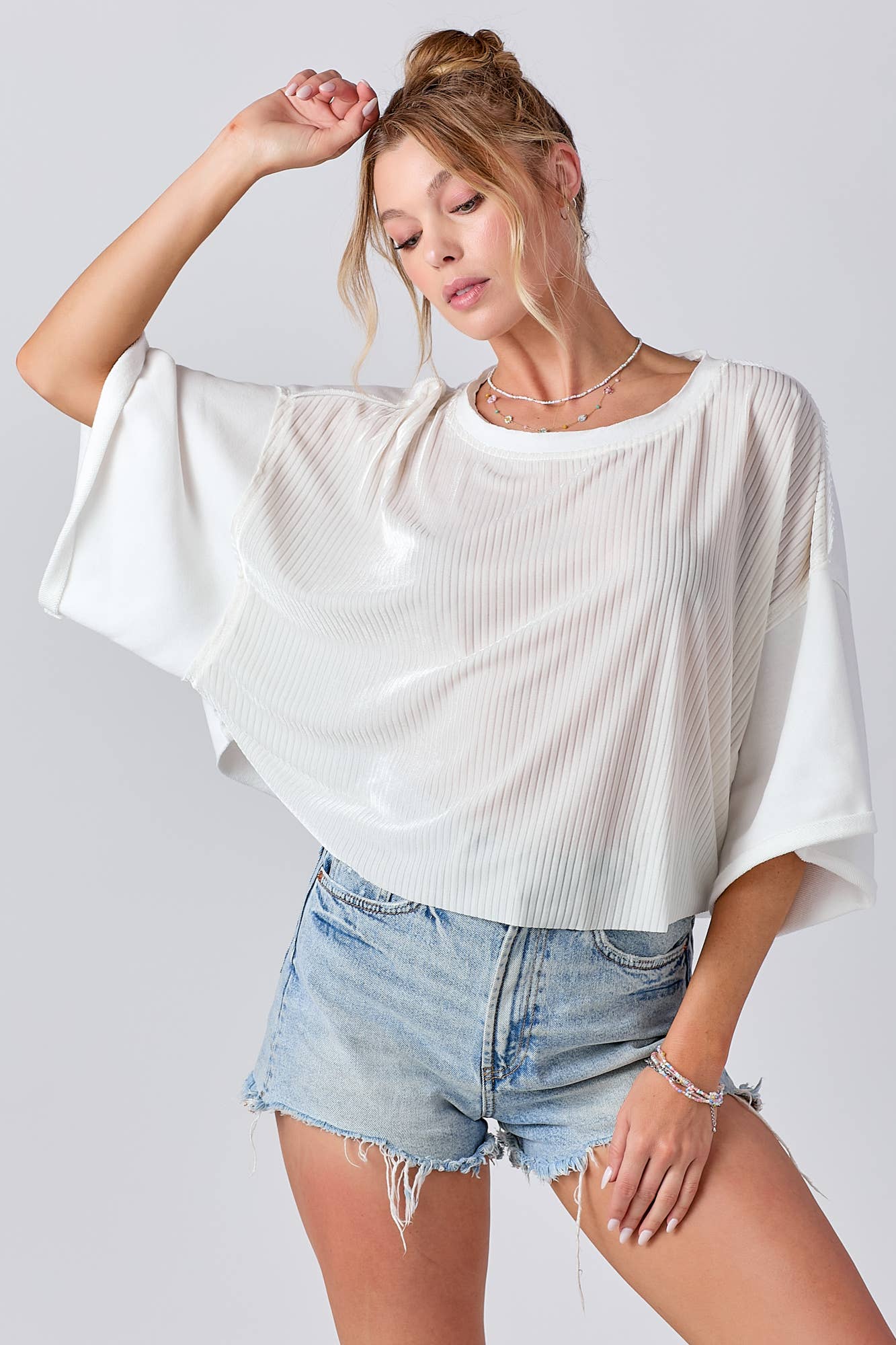 Mixed Fabric Round Neck Knit Top: PINK / M