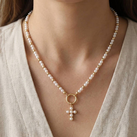 Cross Pendant Pearl And Metallic Beaded Necklace: GDCRM