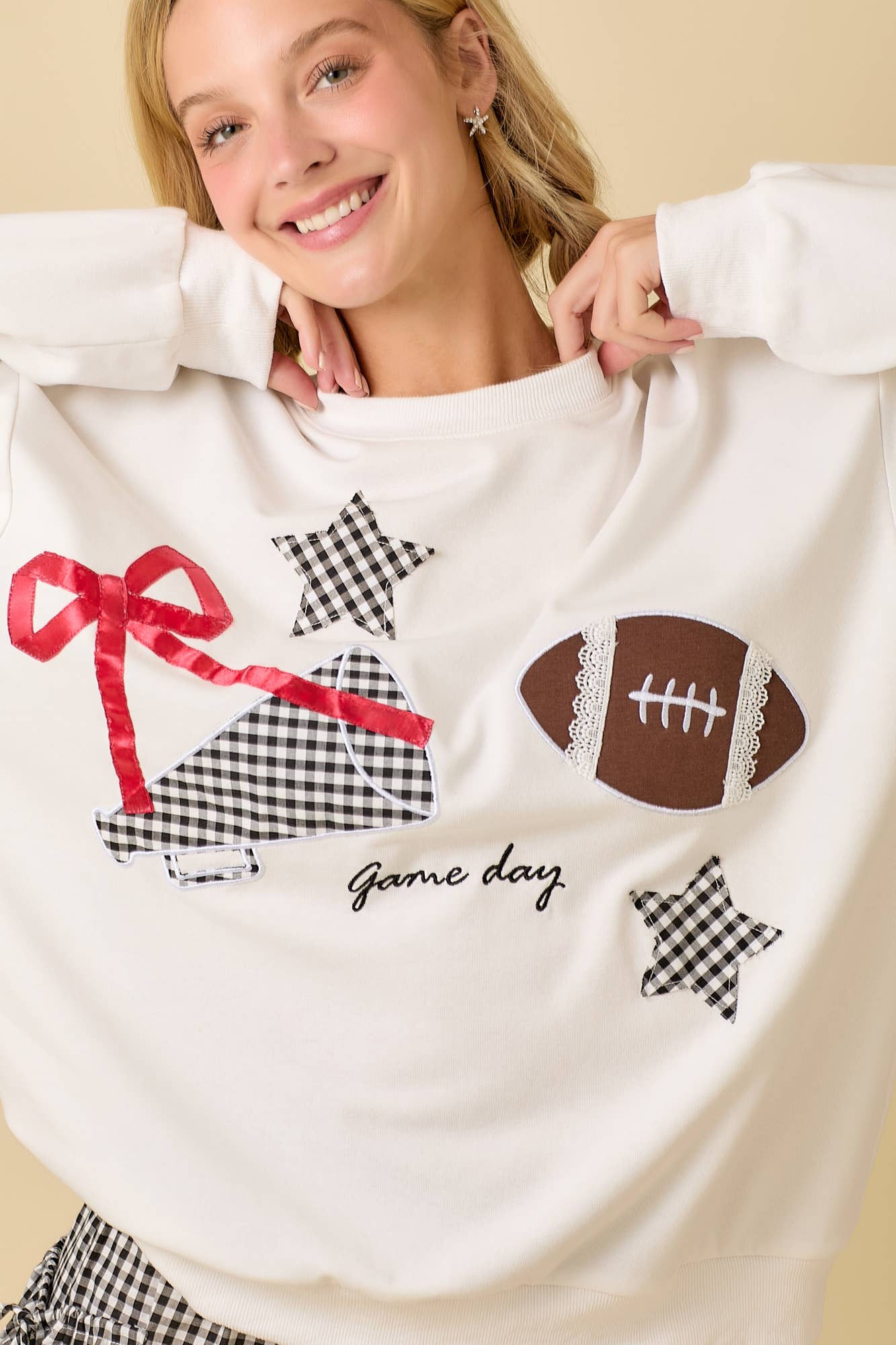 Football Game Day Patchwork Long Sleeve Crewneck Top: WHITE / M