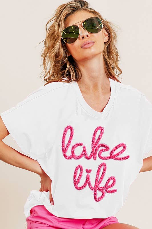 Metallic Letter Short Dolman Sleeve Top: TURQUOISE / 2-2-2-2 (S-M-L-XL)