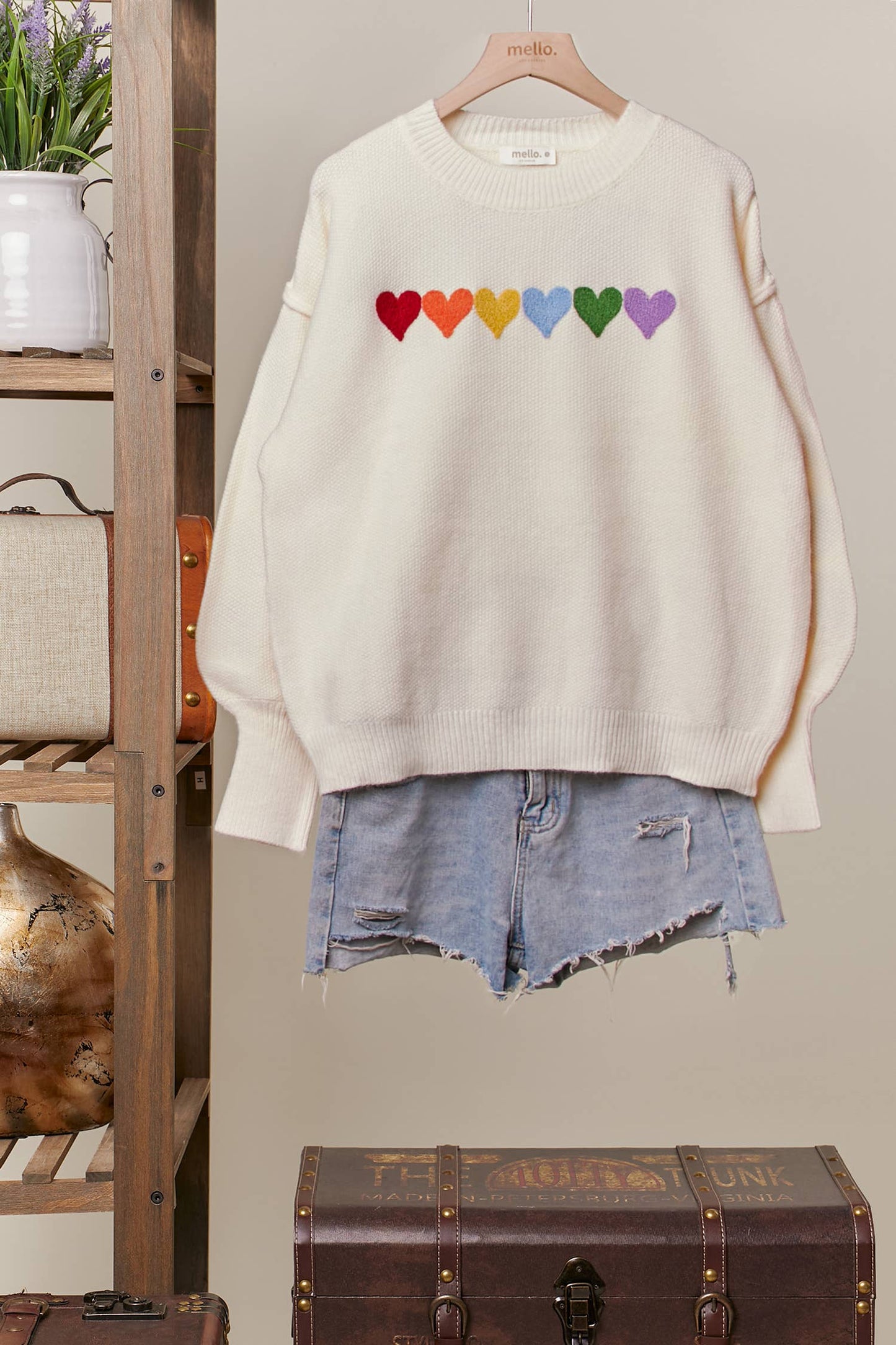 Rainbow Heart Shaped Patch Sweater: Ivory Multi / M