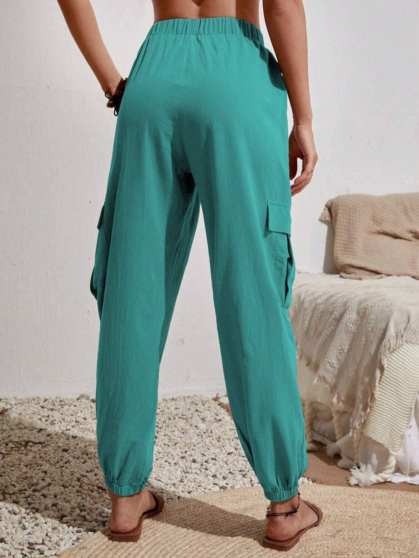 Wash Water Crepe Pocket Casual Cargo Pants: Green / XL