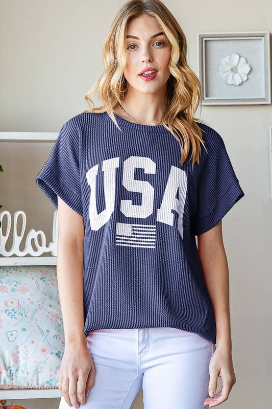 ET7523-11 SOLID RIBBED USA LETTERING TOP: NAVY / 2-2-2 (S-M-L)