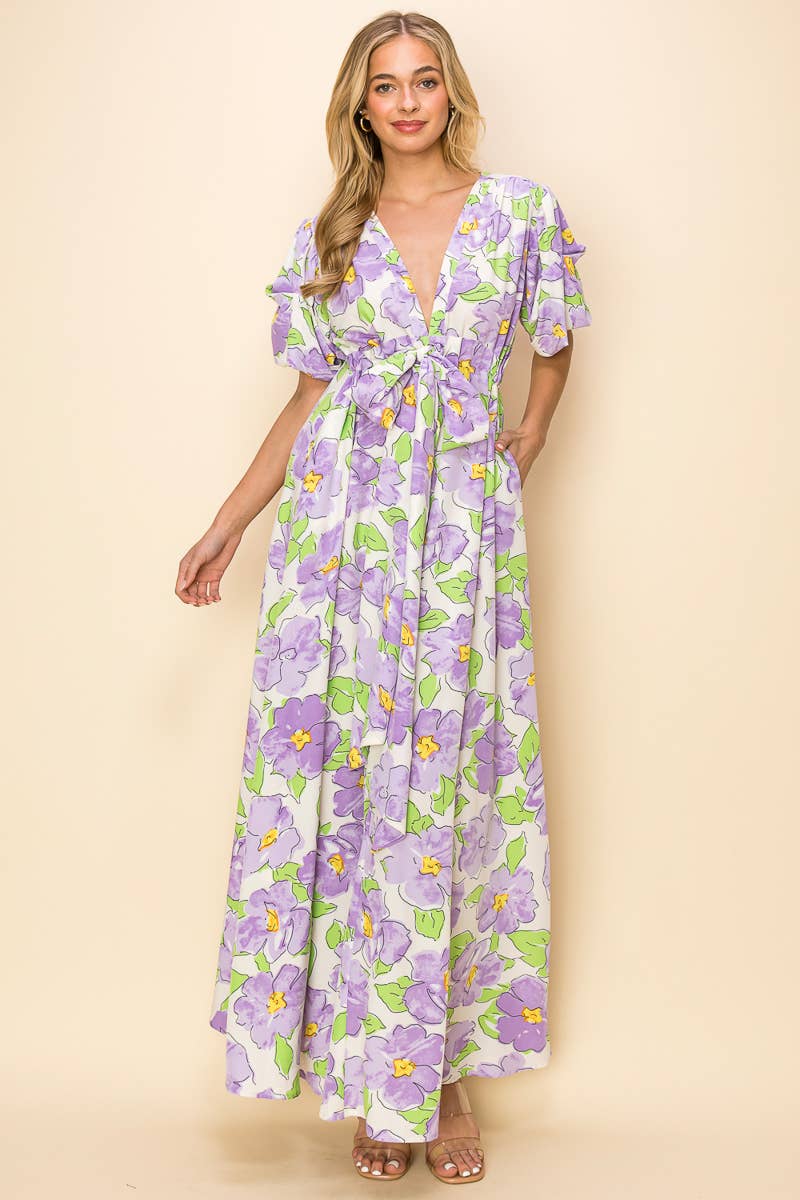 Printed V Neck Maxi Dress - Short Sleeve: PURPLE/LAVENDER