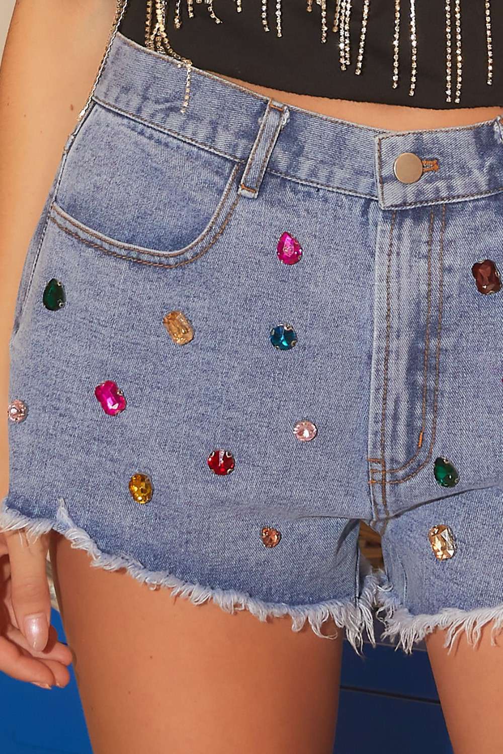Color Stone Trim Denim Short: DENIM / M