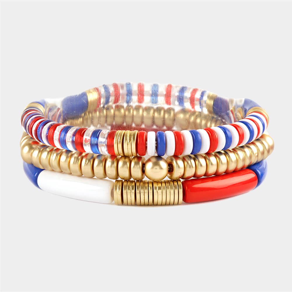 3PCS - American USA Flag Resin Beaded Stretch Bracelets