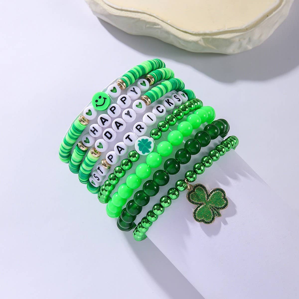 ST PATRICKS DAY BEADED LUCKY BRACELET SET_CWMM3503: Green / OS