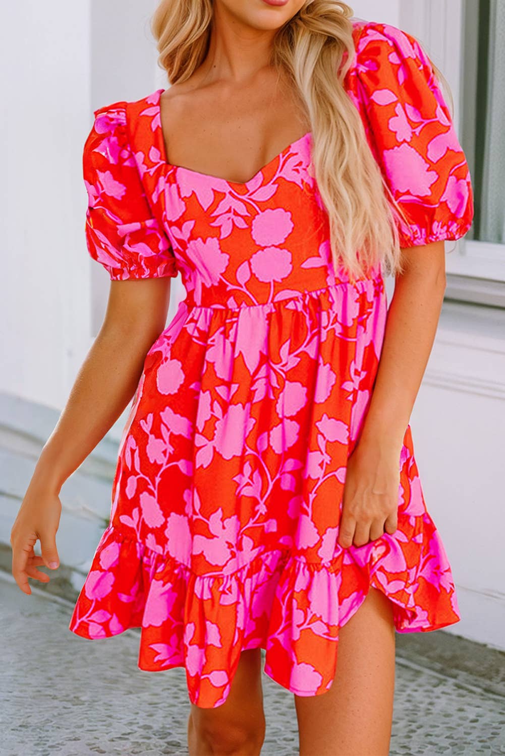 LDC Floral Bubble Sleeve Sweetheart Neck Ruffled Mini Dress: Red / L