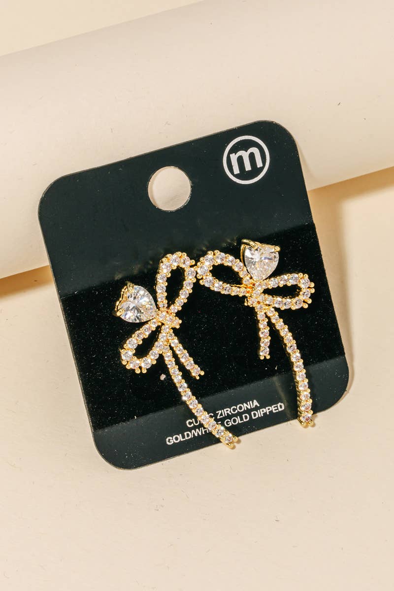 Cubic Zirconia Pave Ribbon Bow Stud Earrings: RH