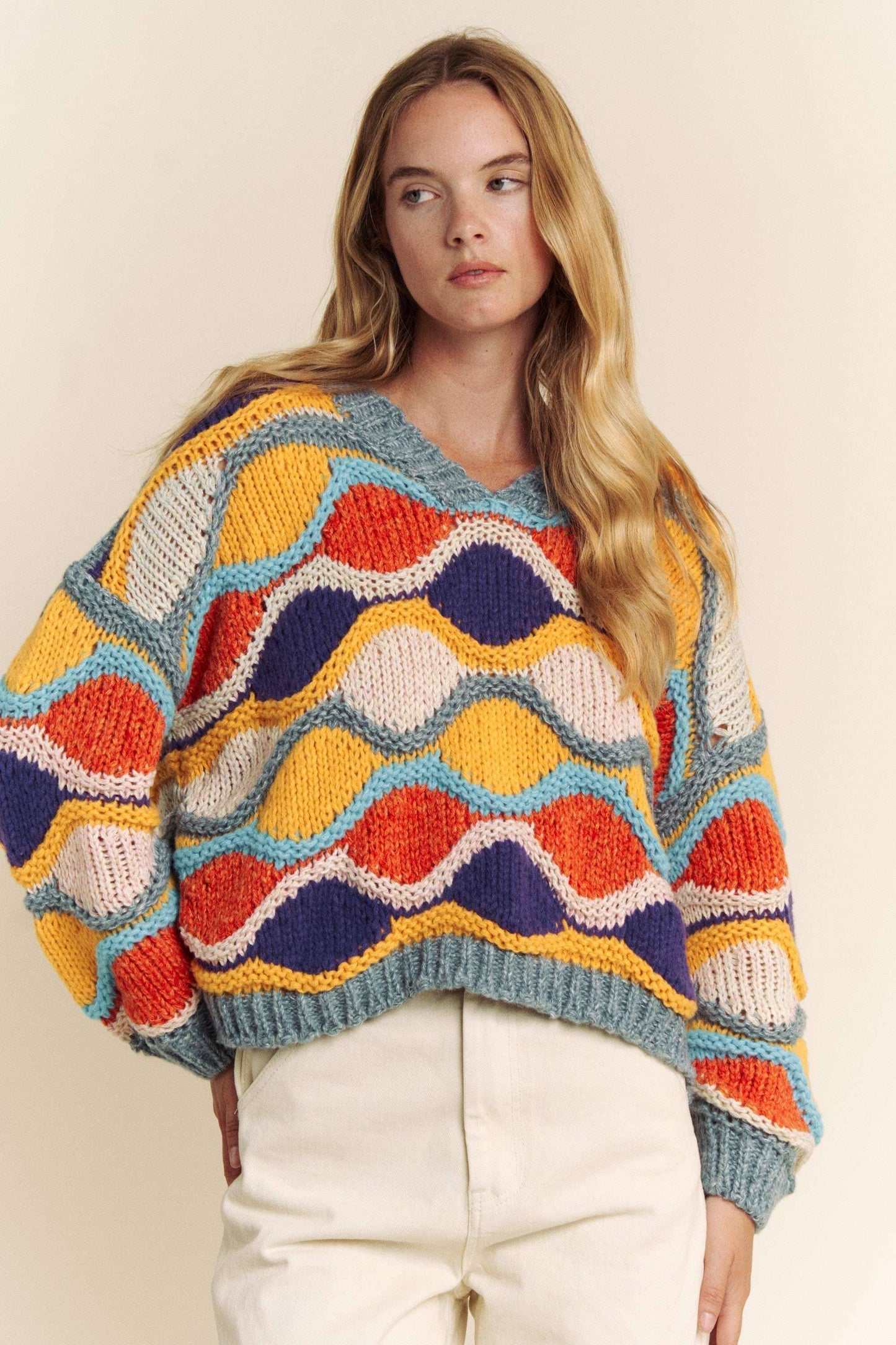 V NECK LONG SLEEVE MULTI COLOR SWEATER TOP: MULTI / M