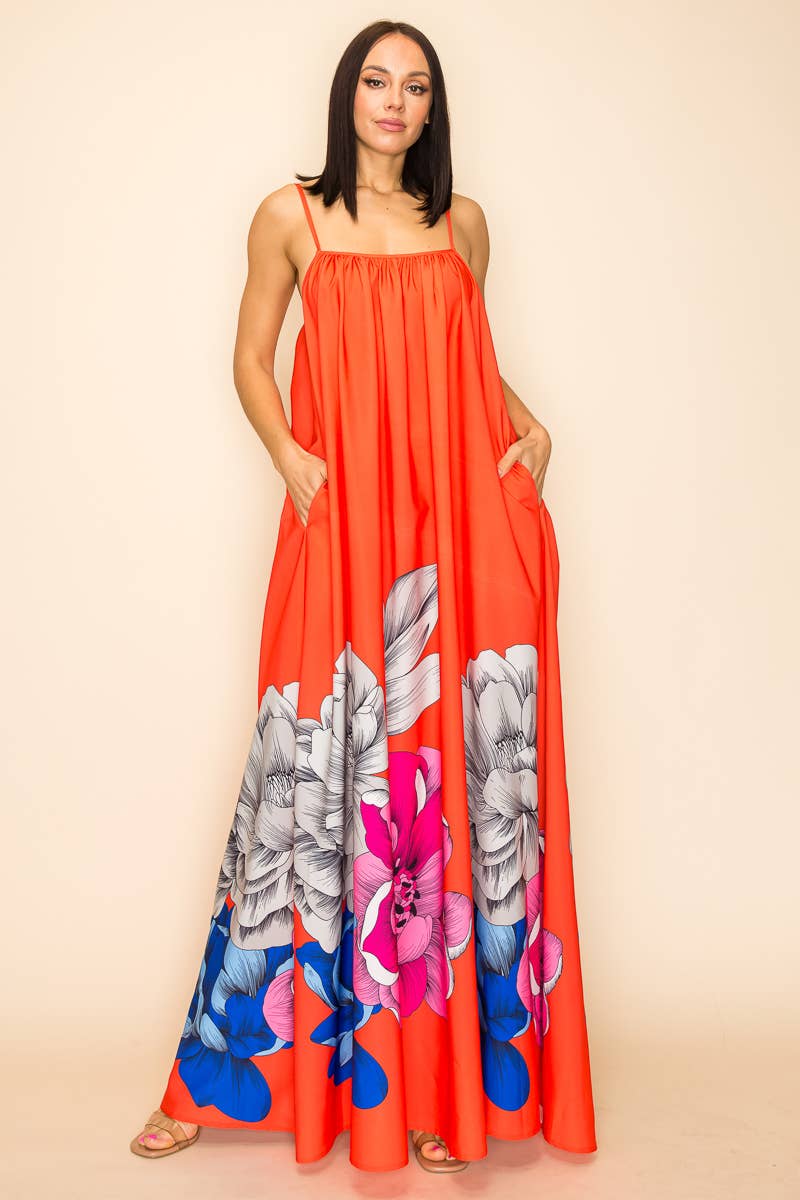 PRINTED MAXI SUN DRESS WITH POCKETS: Orange