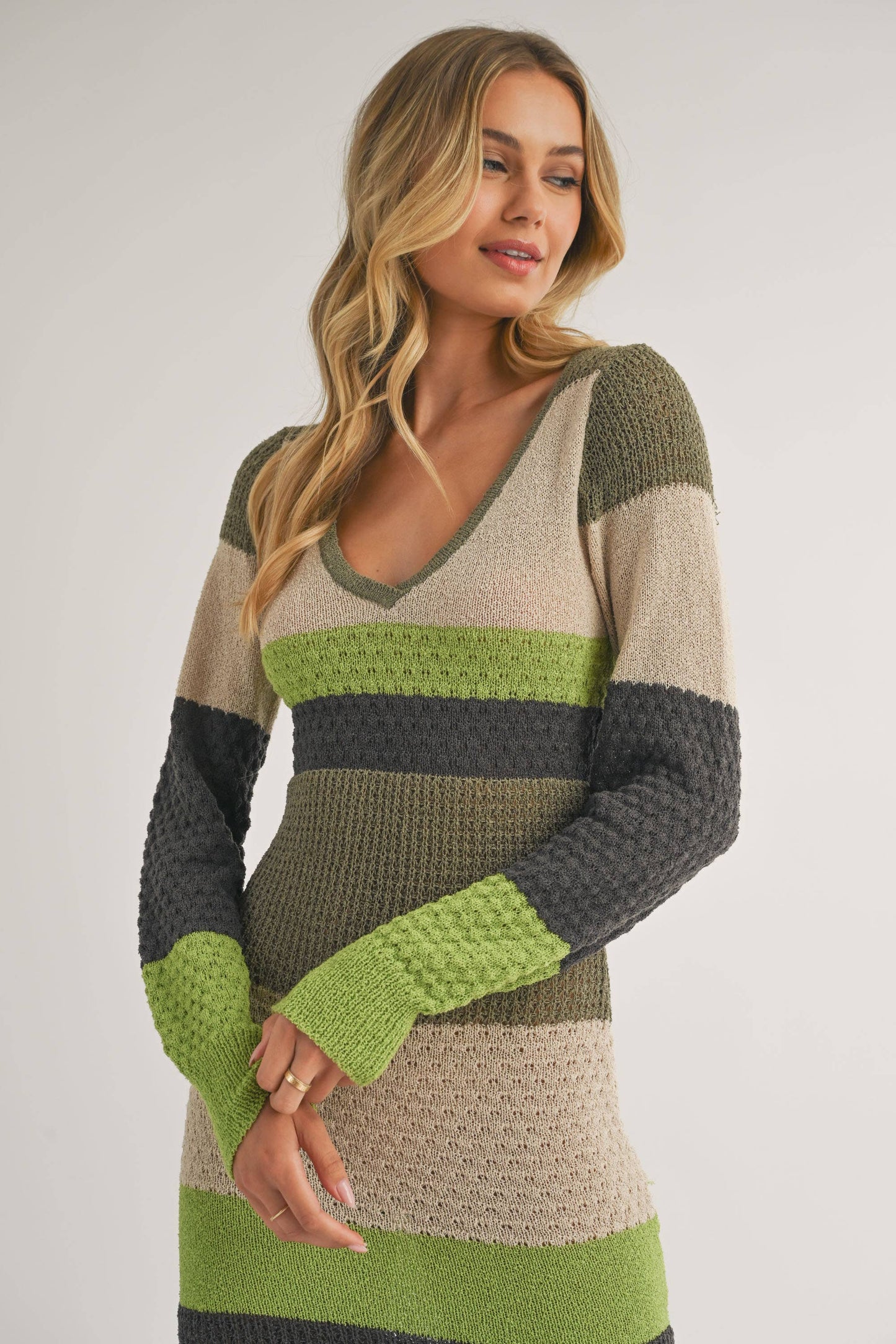 ID7261 - LONG SLEEVE COLORBLOCK SWEATER BODYCON MIDI DRESS: BROWN MULTI / M