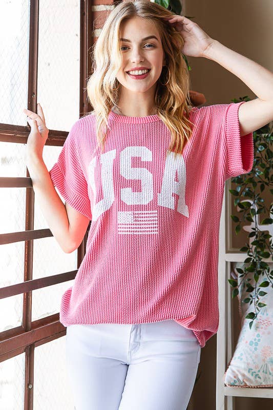 ET7523-11 SOLID RIBBED USA LETTERING TOP: CORAL / 2-2-2 (S-M-L)