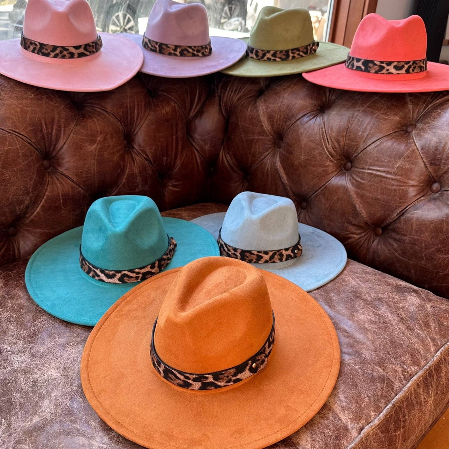 Wide Brim Suede Hat W/ Leopard printed belt: SAGE / ONE SIZE