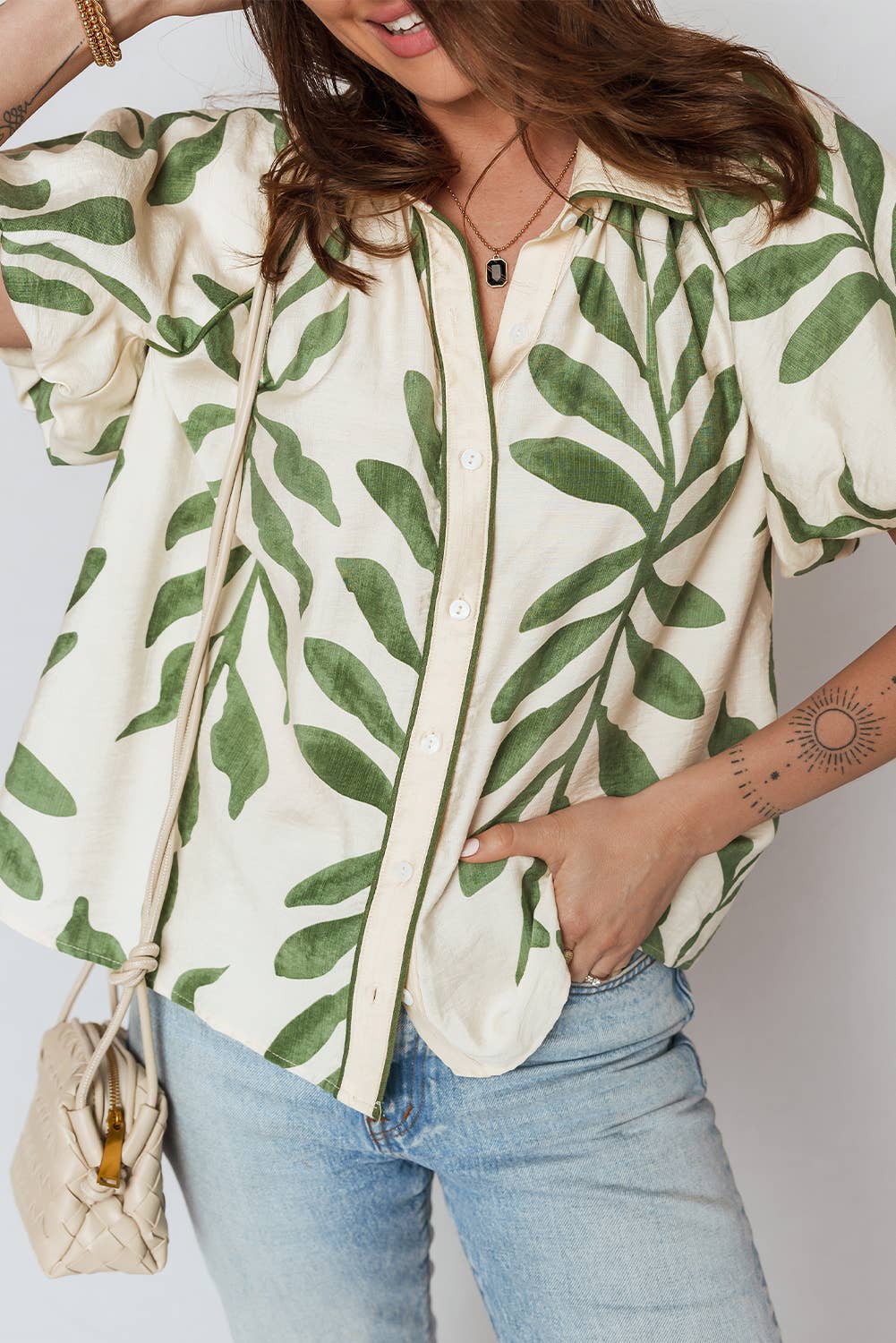 Green Leaf Print Short Balloon Sleeve Shirt | S-XL: Green / M