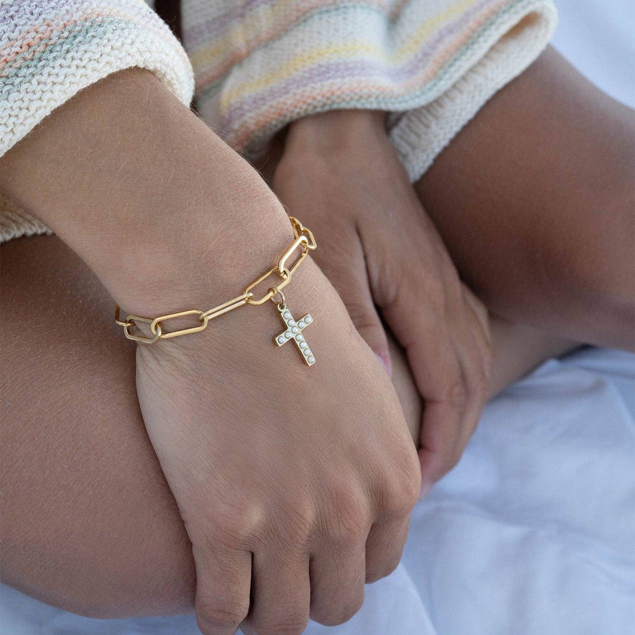 18K Gold PVD Stainless Steel Pearl Beaded Cross Charm: Stainless / 15mm