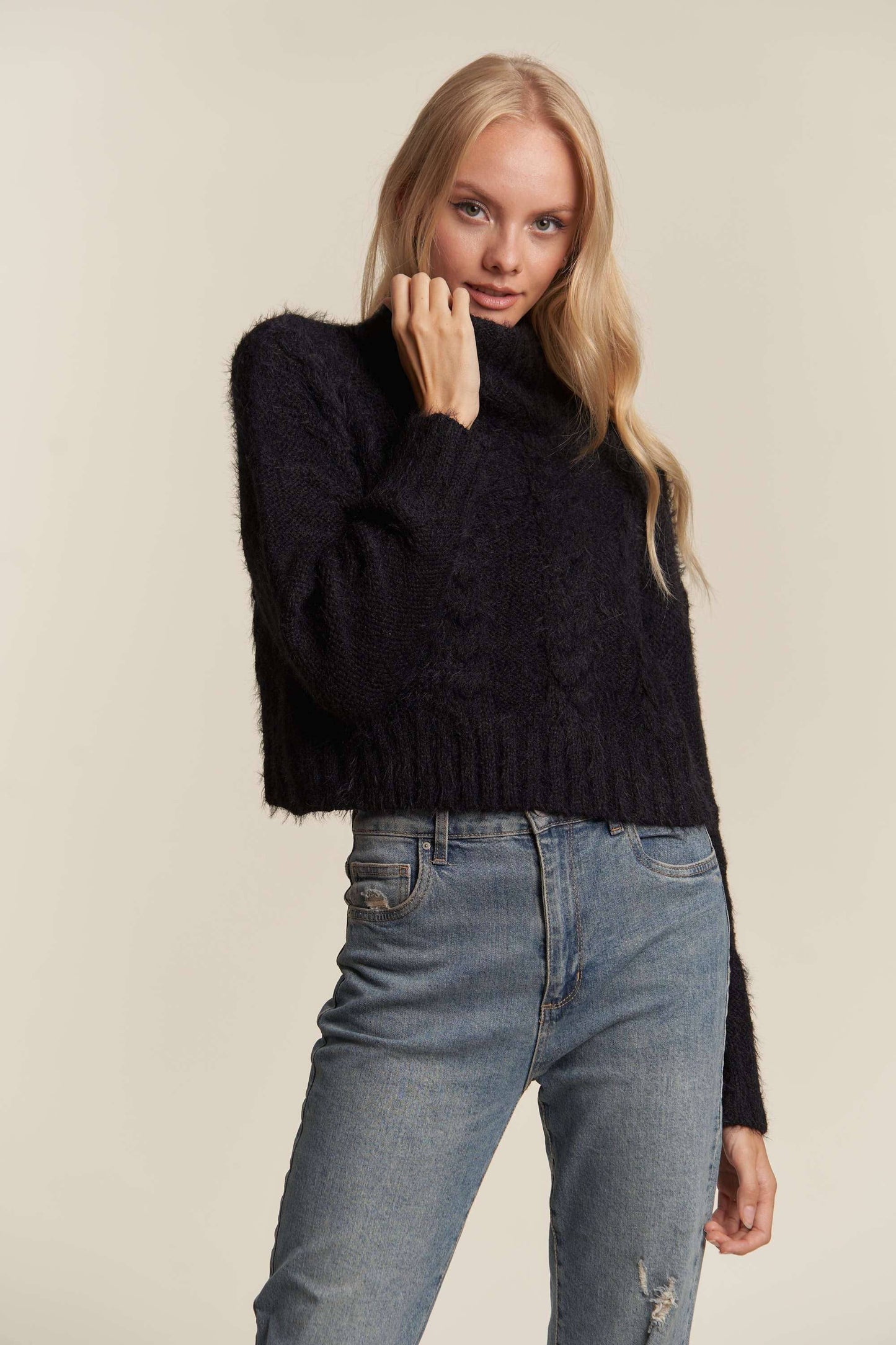 FUZZY FUR  LONGSLV TURTLE NECK CABLE KNIT SWEATER: BLACK / L