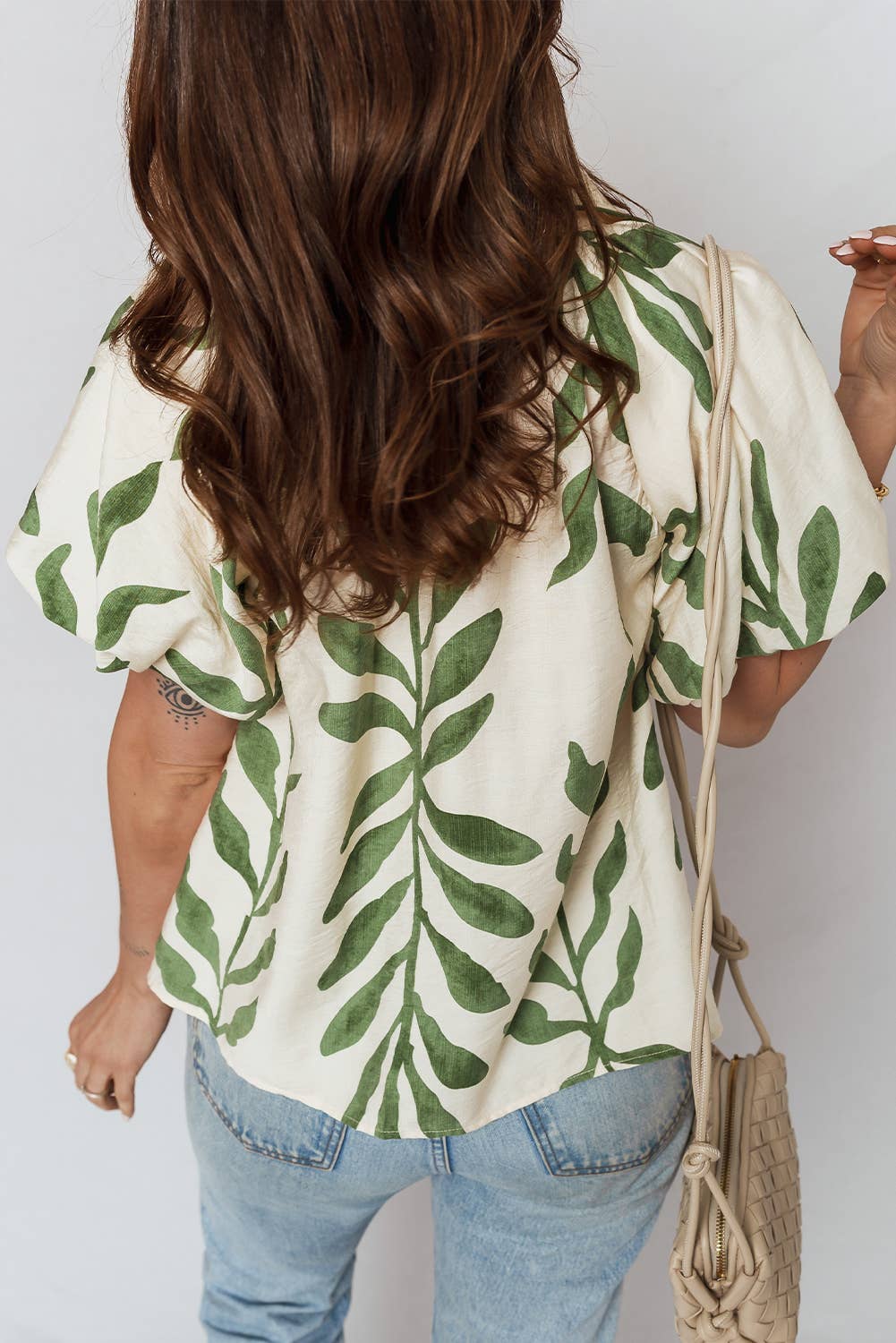 Green Leaf Print Short Balloon Sleeve Shirt | S-XL: Green / XL