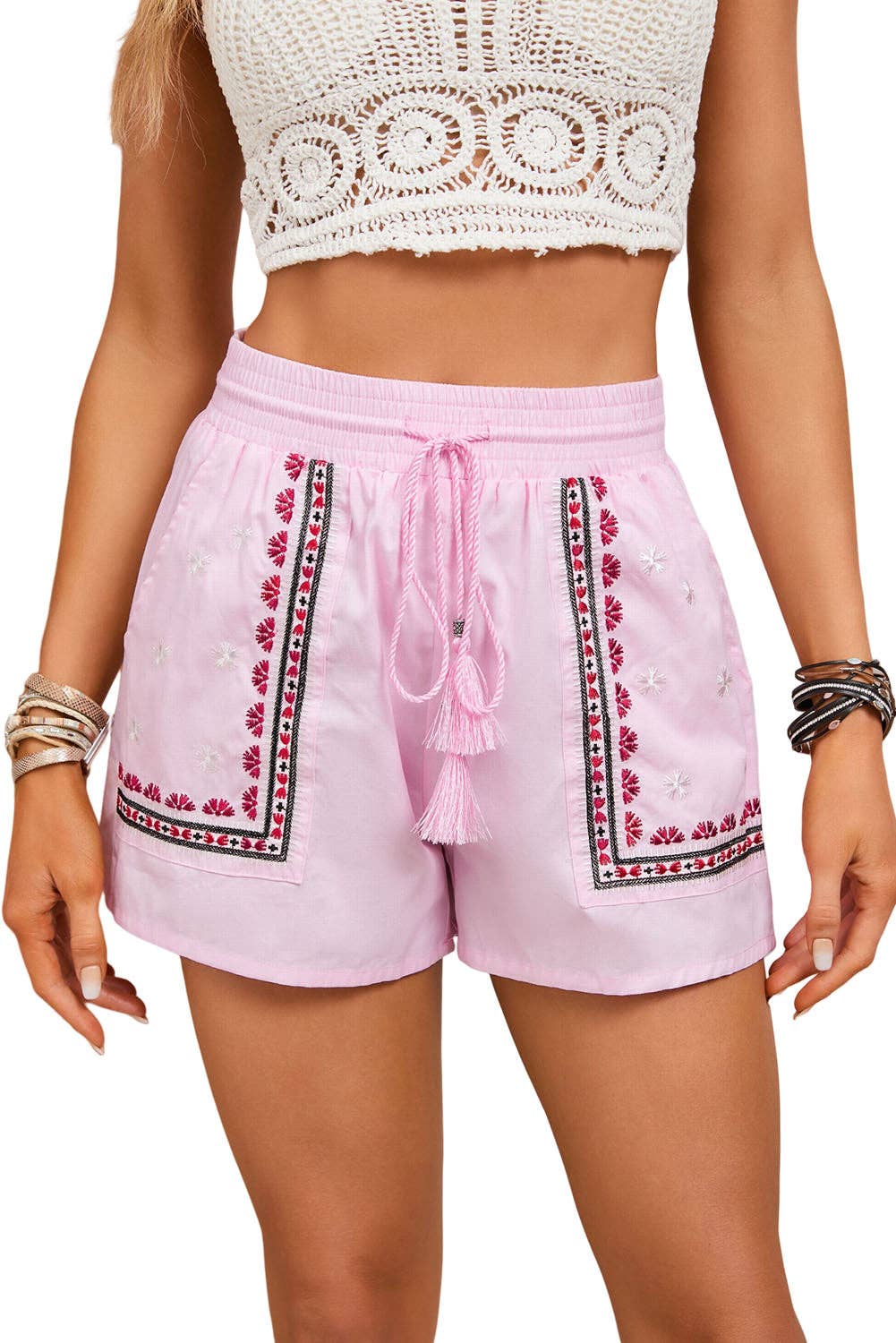 Boho Floral Embroidered Tasseled Shorts: Pink / XL