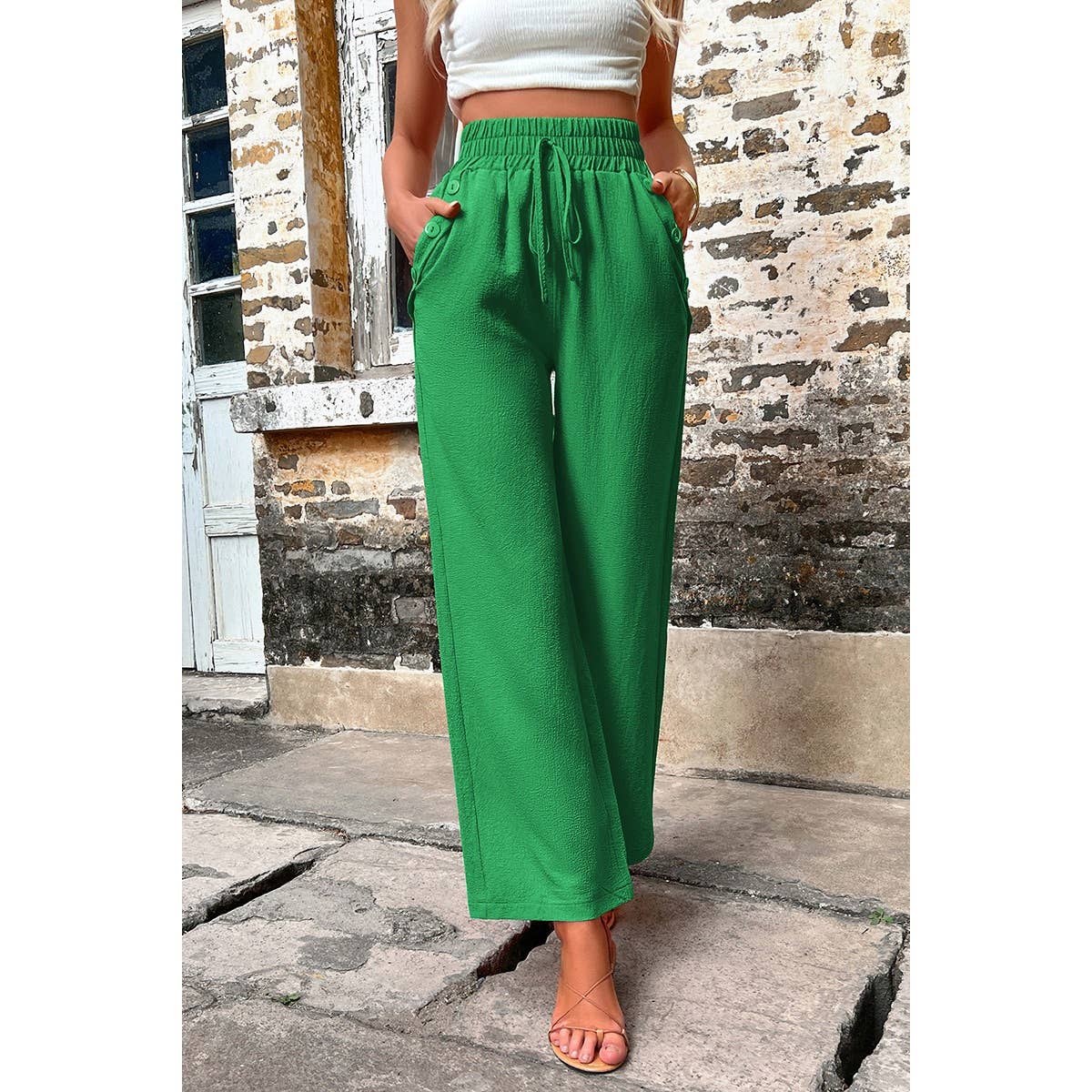 Elastic Waist Solid Pockets Button Trim Pants: GREEN / L