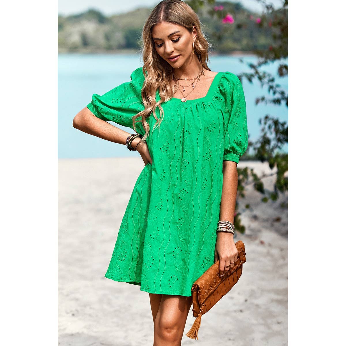 Square Neck Short Bubble Sleeve Babydoll Dress: WHITE / L