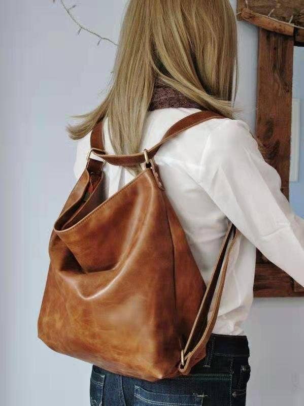 Faux leather crossbody bag backpack: Brown / M