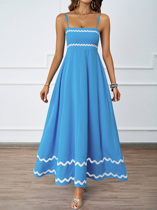 Summer Lace Patchwork Strap Bandeau Swing Maxi Dress: Blue / XL