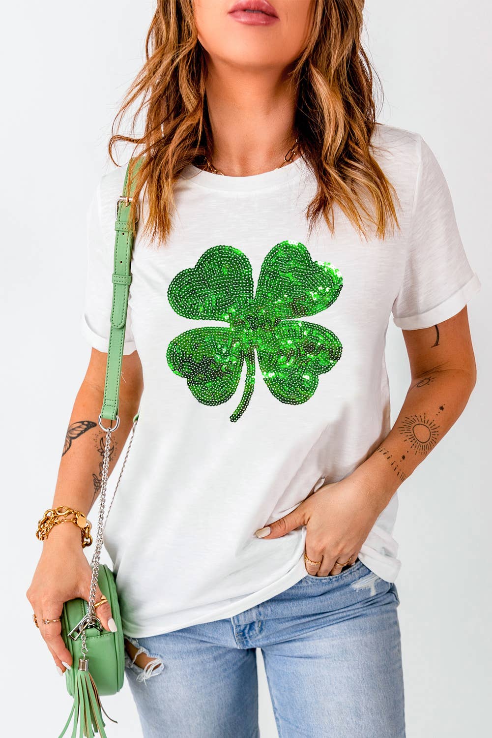 Sequin Clover Patch Graphic St Patrick Tee | S-3XL: White / M