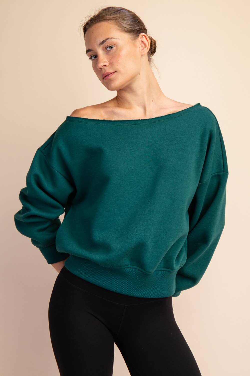 FRENCH TERRY FLEECE OFF SHOULDER SWEATSHIRT: Eucalyptus / S-M-L(2-2-2)