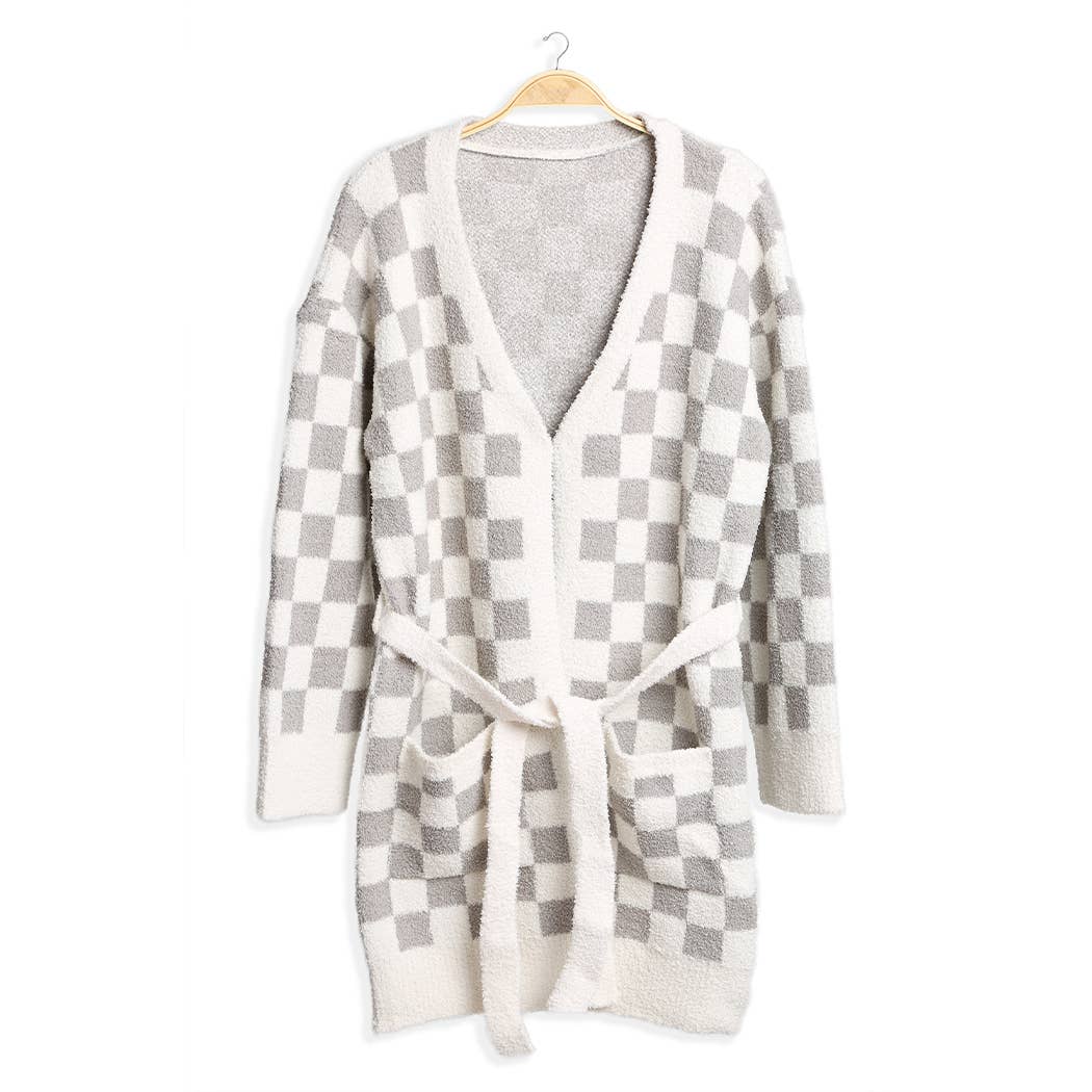 Cozy Checkered Robe with Pocket & Belt : BEIGE / ONE SIZE