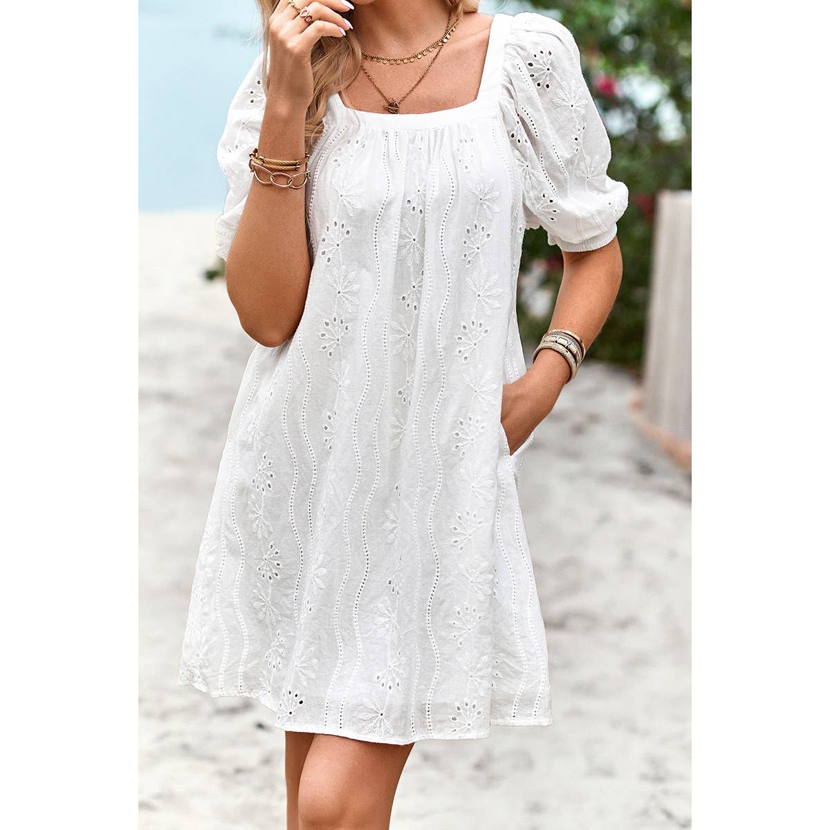 Square Neck Short Bubble Sleeve Babydoll Dress: WHITE / XL