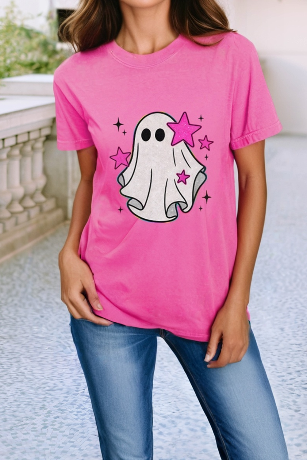 LDC Glitter Ghost Graphic Halloween T Shirt: Sachet Pink / XL