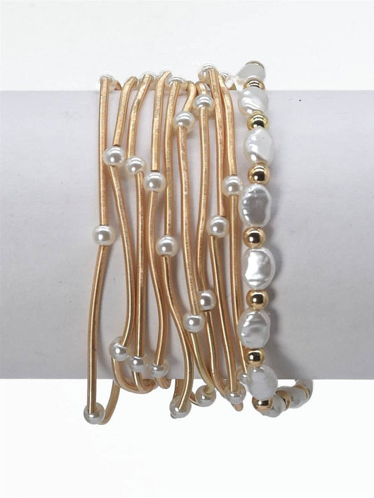 Set of 10 Gold Wired Stretch Bracelets with Pearl Accents