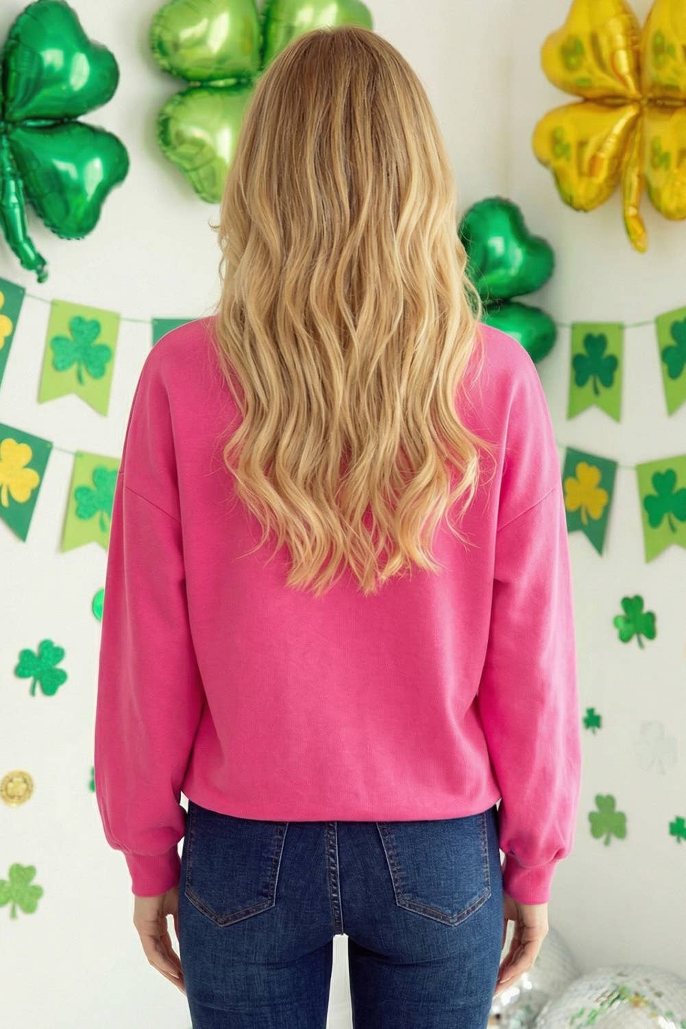 St. Patrick Lucky Clover Embroidered Pullover Sweatshirt: Rose Red / S