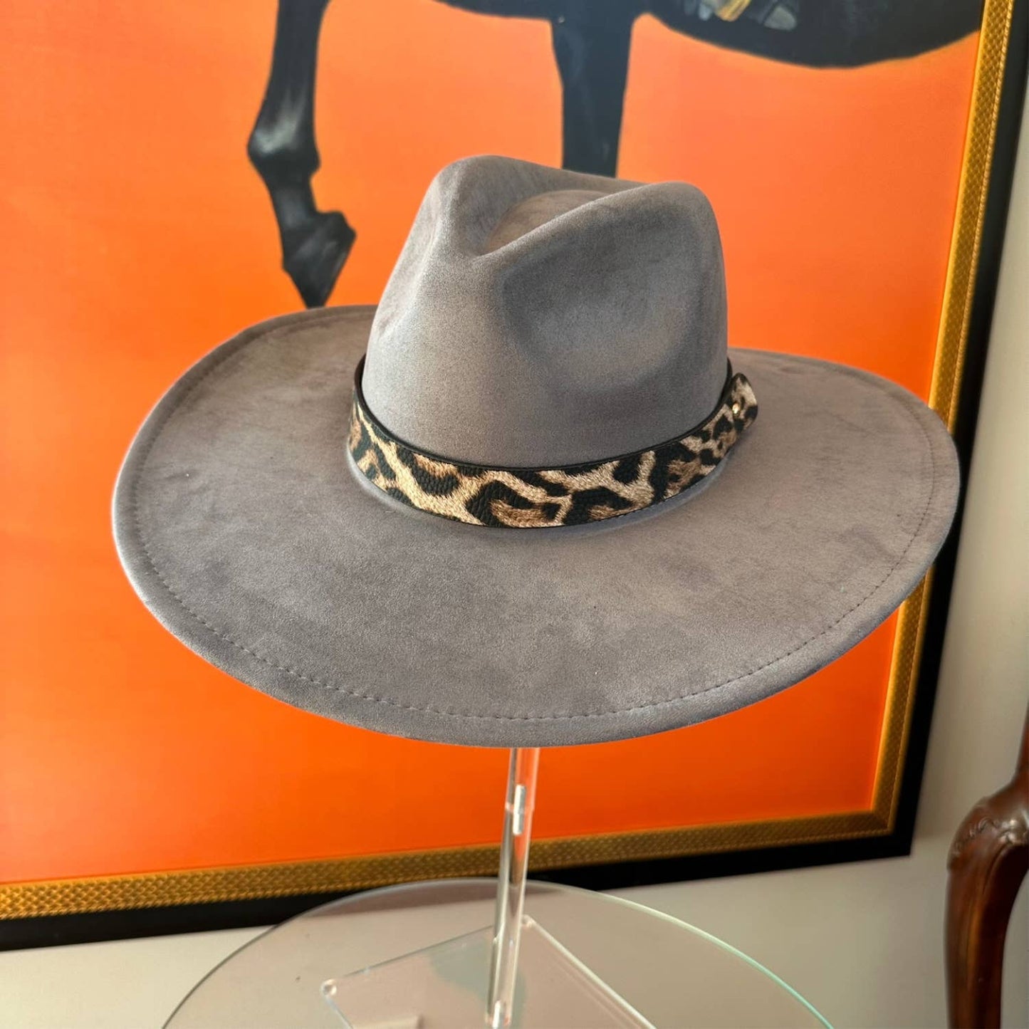 Wide Brim Suede Hat W/ Leopard printed belt: TEAL / ONE SIZE