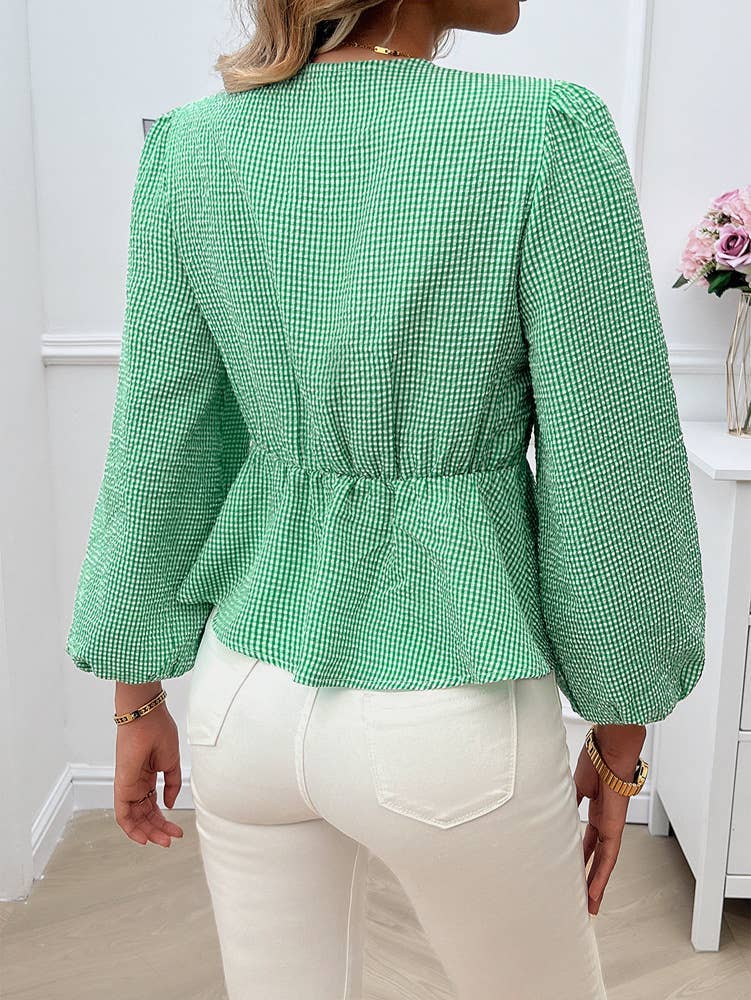 Puffy Sleeved Round Neck Loose Long-Sleeved Shirt: GREEN / (S) 1