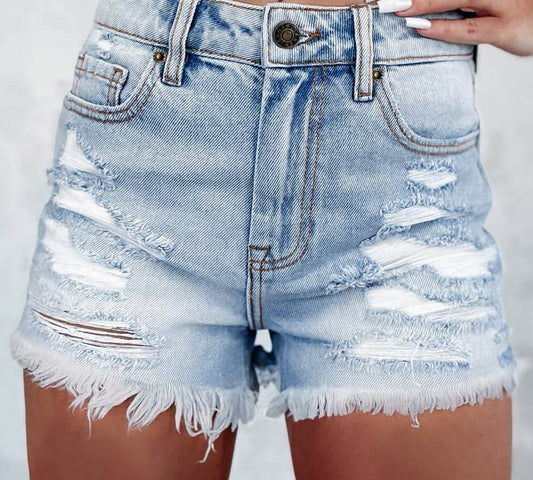 Distressed Ripped Raw Hem High Waist Denim Shorts: Blue / L