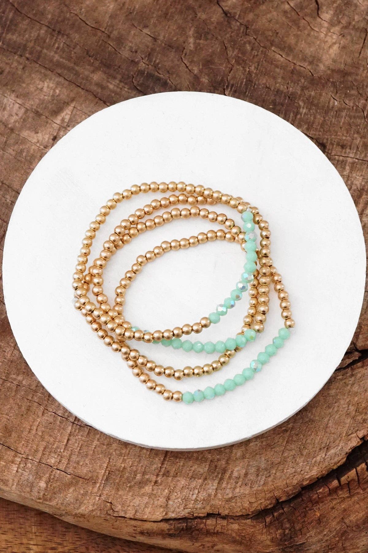 Bracelet stack Small Worn Gold Glass beads Pink Mint Denim: Beige