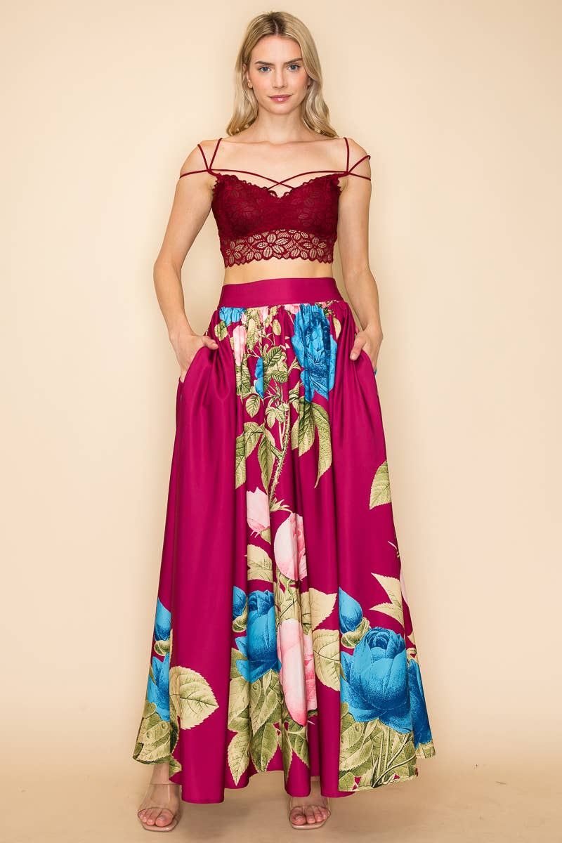 PRINTED MAXI SKIRT WITH POCKETS  : Green