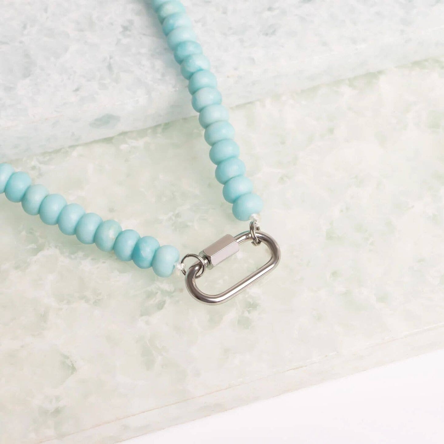 Stainless Steel Turquoise Chunky Bead Carabiner Necklace: Gold