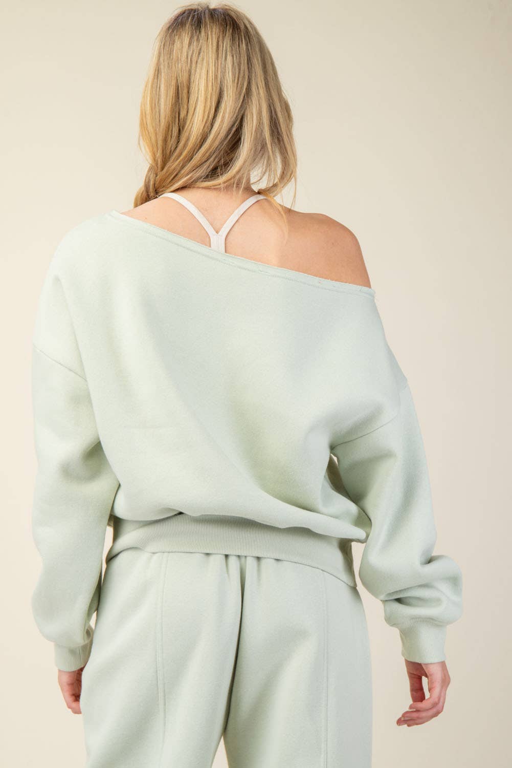 FRENCH TERRY FLEECE OFF SHOULDER SWEATSHIRT: Eucalyptus / S-M-L(2-2-2)