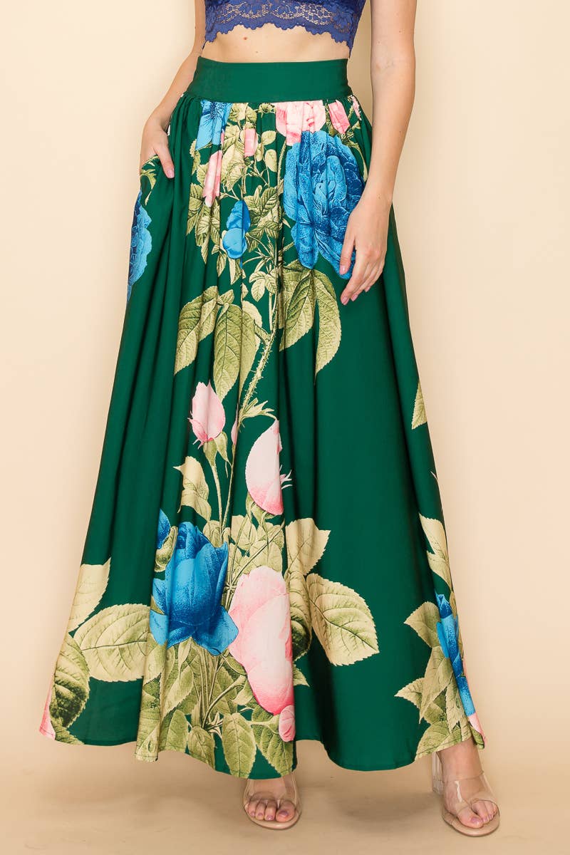 PRINTED MAXI SKIRT WITH POCKETS  : Green