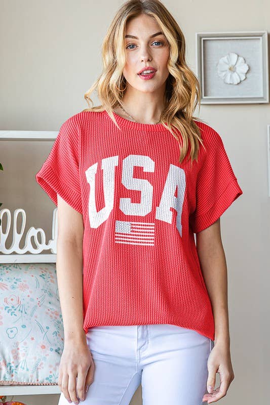 ET7523-11 SOLID RIBBED USA LETTERING TOP: NAVY / 2-2-2 (S-M-L)
