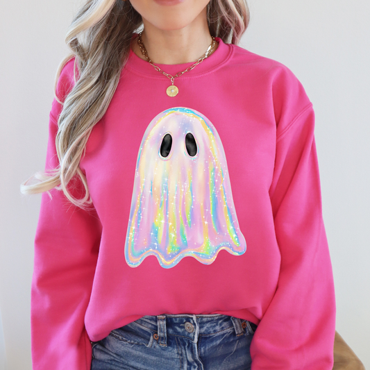 Shimmering Ghost, Iridescent Ghost Halloween Sweatshirt: Heliconia Bright Pink / XL
