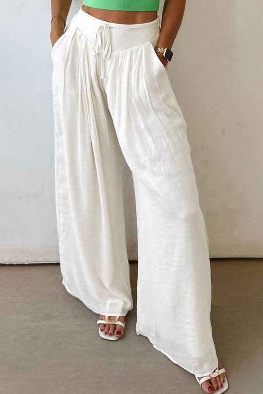 Solid Drop Waist Pleated Wide Leg Casual Pants: White / S