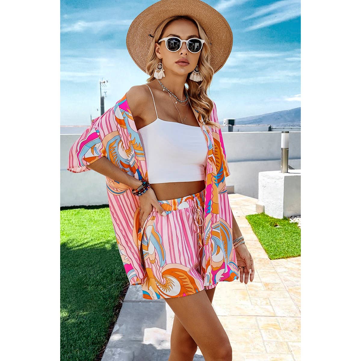 Graphic Print Drop Shoulder Blouse Tie Front Shorts: PINK / L