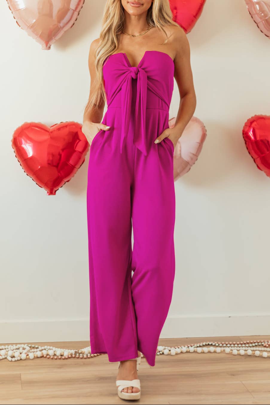 Bow Strapless Wide Leg Jumpsuit: Bright Pink / S