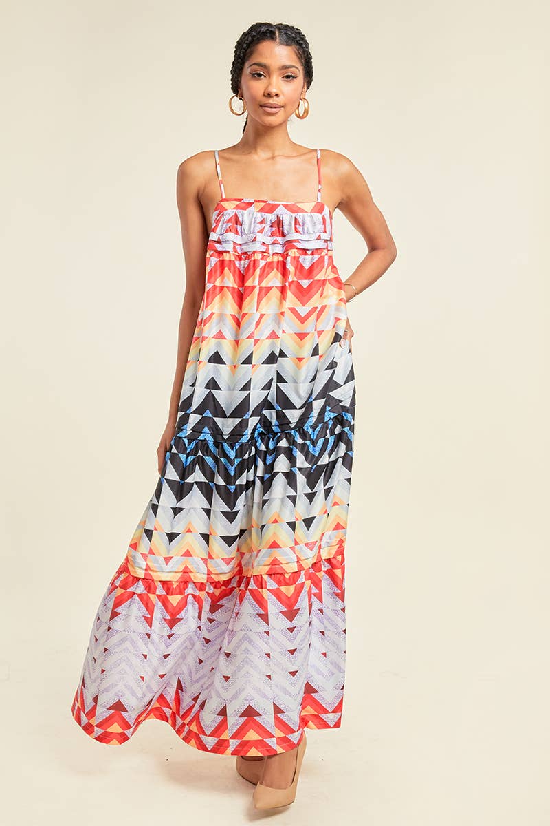 PRINTED MAXI DRESS WITH POCKETS AND ADJUSTABLE STRAPS