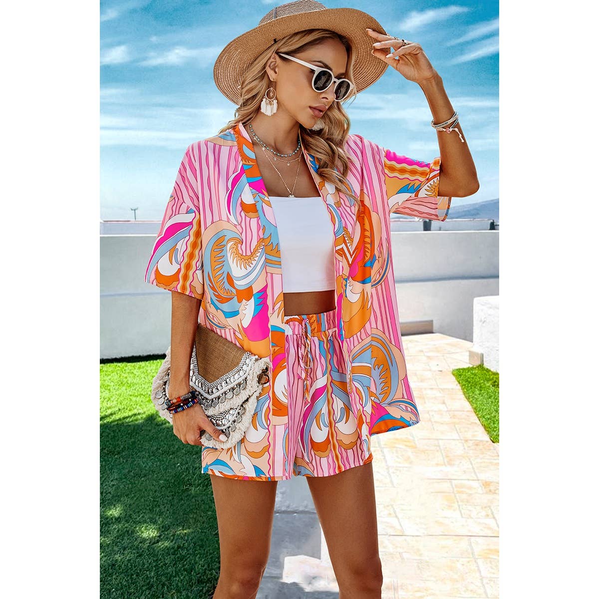 Graphic Print Drop Shoulder Blouse Tie Front Shorts: PINK / XL