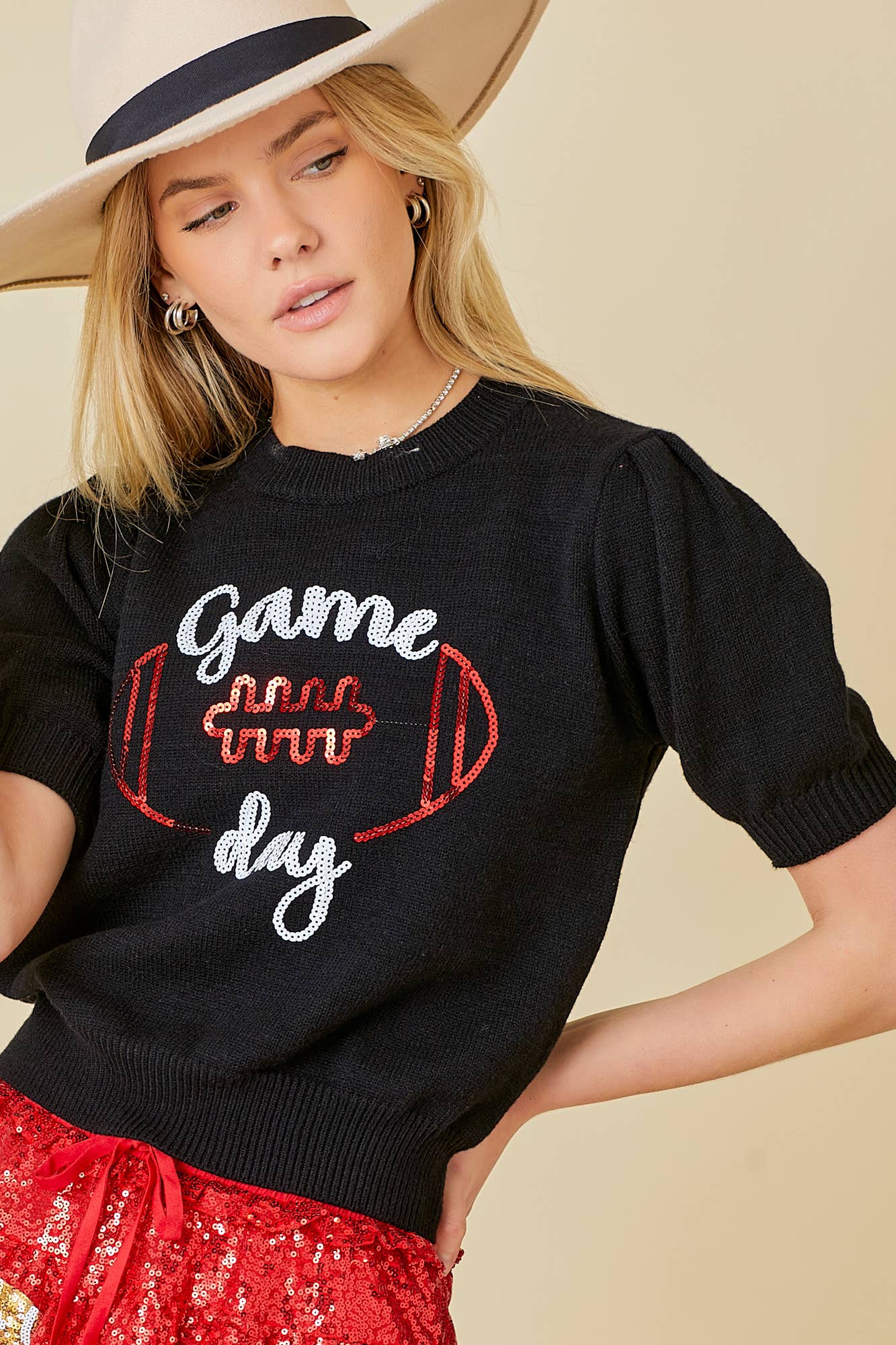 Game Day Puff Sleeve Sweater Top: Red / M